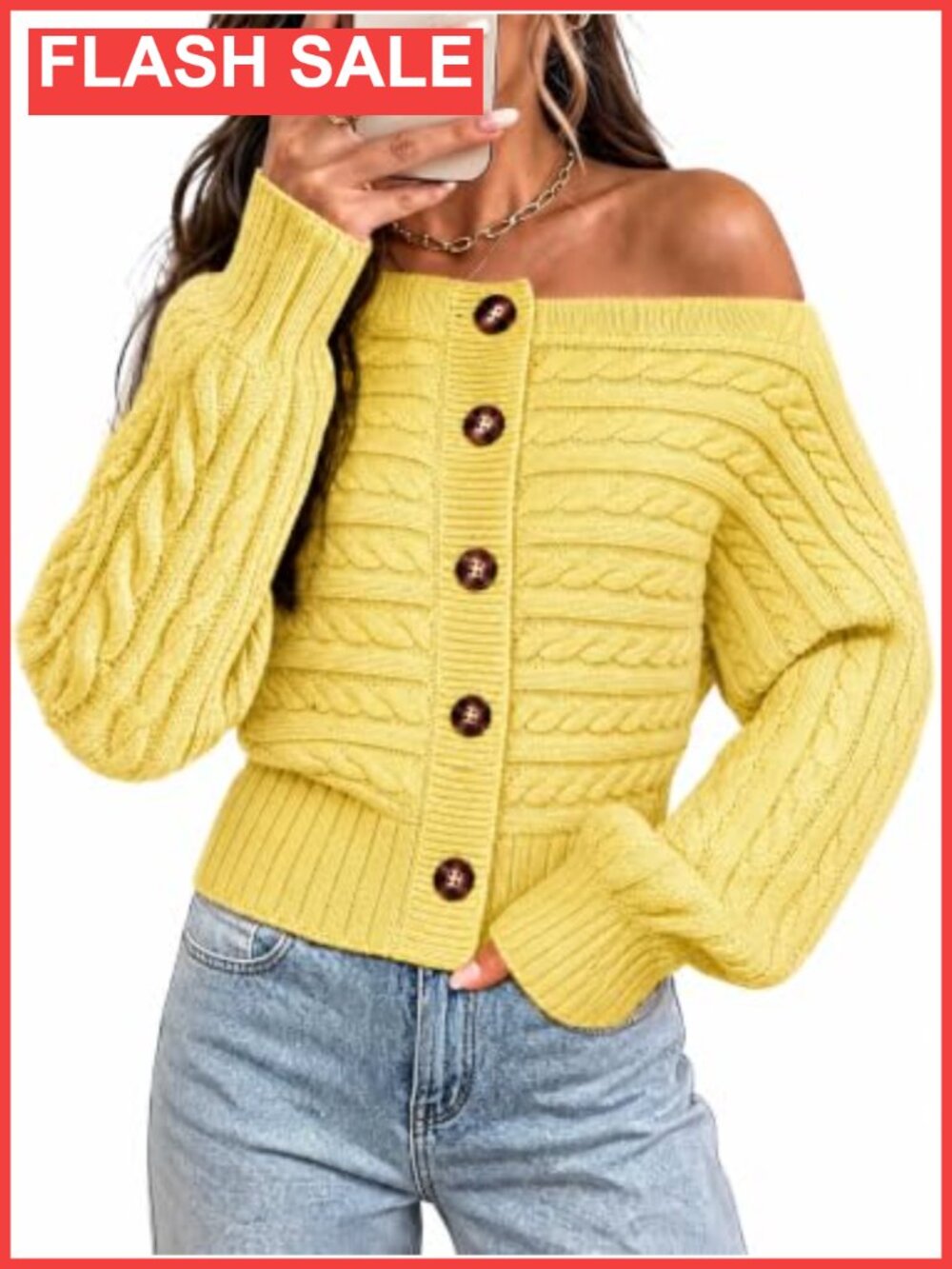 Off Shoulder Cable Knit Button Cardigan Long Sleeve Crop Sweater